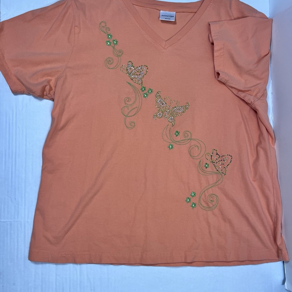 Decorated Originals Womens Top Size XXL ‎ Orange Rhinestone Butterflies V-neck